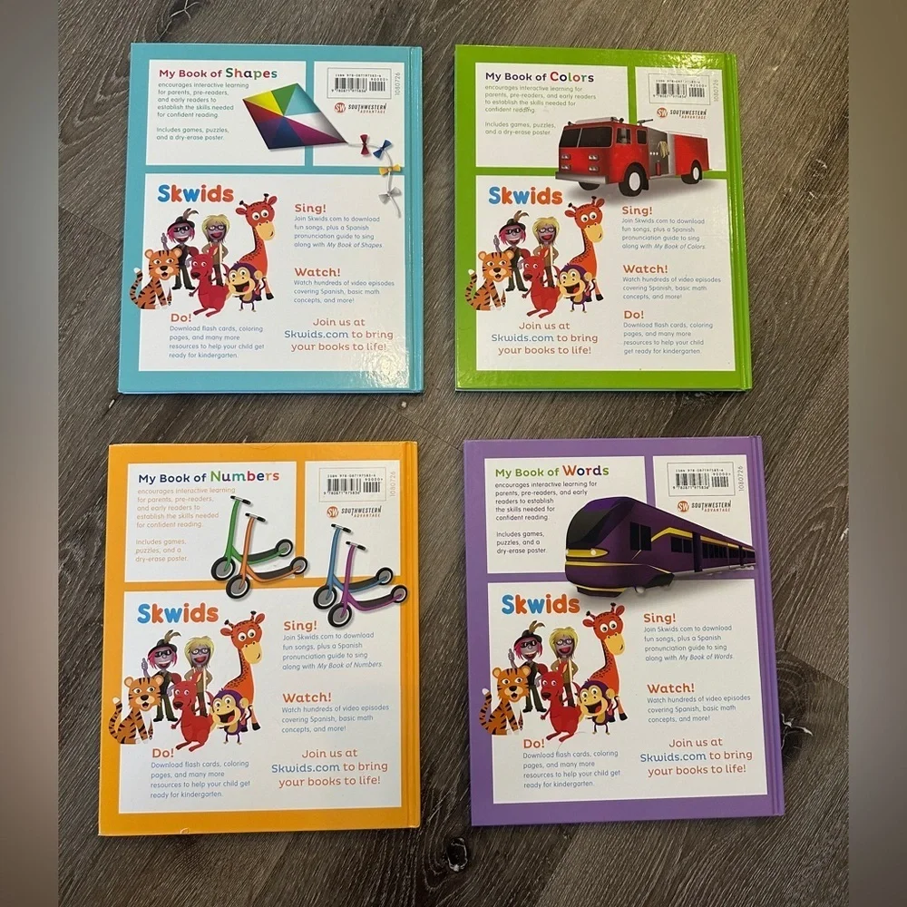 Children bilingual Spanish English learning books shapes, colors, words, numbers